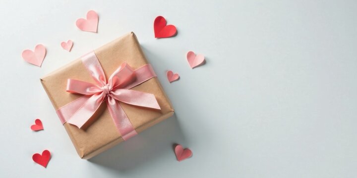 A delicately wrapped present with a pink ribbon, surrounded by small paper hearts, conveys affection and thoughtful gifting.