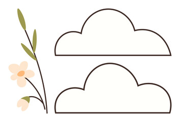 Fototapeta premium Two simple cloud shapes outlined in black with a floral branch featuring light flowers and green leaves. Ideal for nature themes, minimalism, botany, weather, relaxation, eco concepts, and organic