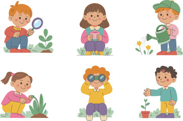 Children exploring nature, gardening activity for kids, cute cartoon characters, learning outdoors, science experiment, educational fun, environment care