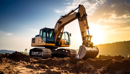 Obraz premium Excavator positioned on a construction site at sunset.