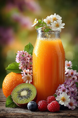a bottle of fruit juice filled with orange , kiwi , berries with glowing beams of light sitting on the table with flowers and fruits surrounding