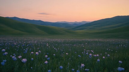 Fototapeta premium Flower Meadow at Sunset with Rolling Hills Landscape