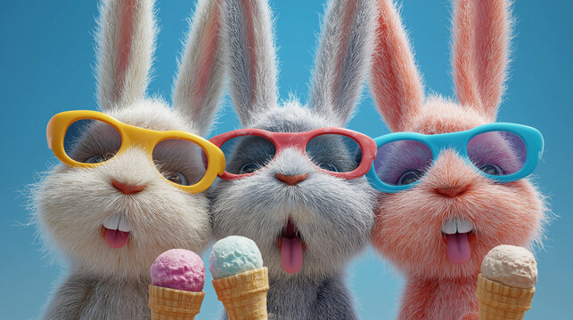 Fröhliche Hasen mit Sonnenbrillen genießen Eiscreme an einem sonnigen Tag. Künstliche Intelligenz KI - Powered by Adobe