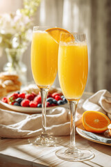 A bright, elegant brunch setting featuring tall flutes of sparkling mimosa drinks with vibrant orange juice and bubbly champagne