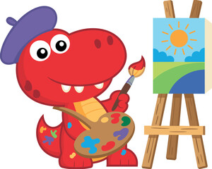 Cartoon red dinosaur painting, artistic animal character, purple beret, paintbrush and palette, sunny landscape art, creative pose, fun illustration