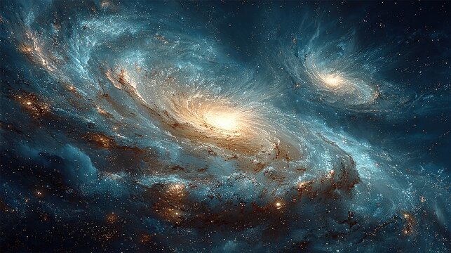 Spiral galaxy with vibrant blues, golds, and dark nebulae in deep space