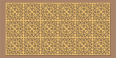 Ornate laser cut wooden panel with intricate geometric arabesque pattern for decorative screen or wall art vector