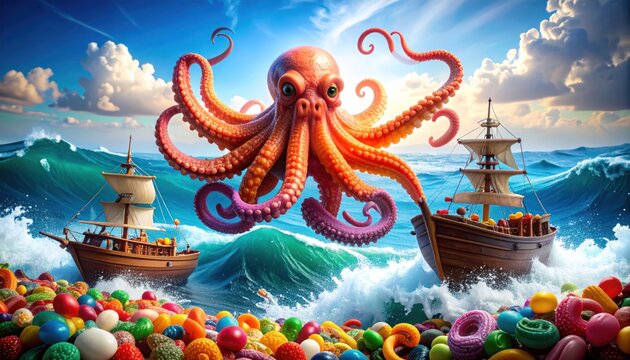 Fantasy Octopus Attacks Pirate Ships in Candy Sea Illustration. - Powered by Adobe