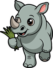 Cartoon rhinoceros walking with grass, friendly animal character with expressive eyes, cute wildlife illustration, happy rhino mascot art