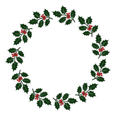 Christmas plant holly berries frame wreath. Winter seasonal decoration plant with green leaves. Xmas and New Year element collection 
