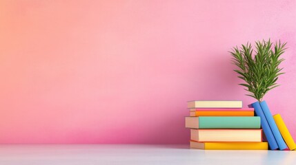Colorful Books and Plant on Pink Background