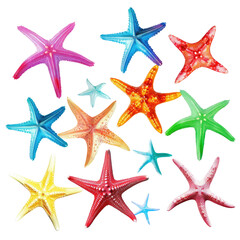 Colorful starfish collection, ocean background, beach decor
