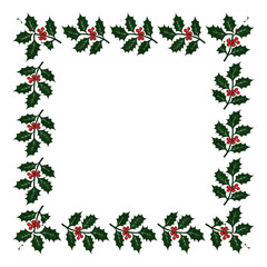Christmas plant holly berries frame wreath. Winter seasonal decoration plant with green leaves. Xmas and New Year element collection 