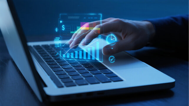 Close-up of hand interacting with holographic financial data displayed on laptop; modern, technological, and professional business concept; growth and success theme.