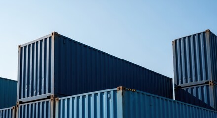 Blue Shipping Containers Stacked Against a Clear Blue Sky, Intermodal Cargo Containers Neatly Stacked at a Shipping Dock