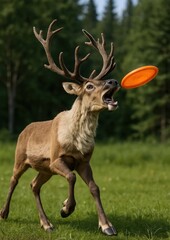Reindeer playing with frisbee outdoors.