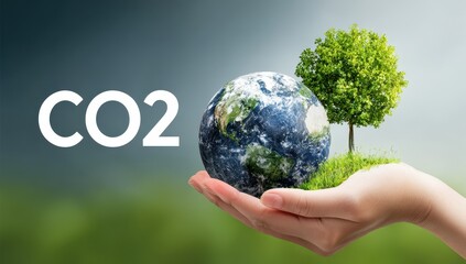 A hand holds a globe, representing Earth, nestled in grass with a tree, surrounded by a CO2 text overlay