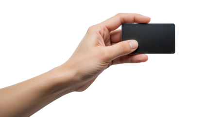 Light-Skinned Young Adult Hand Holding Black Credit Card Horizontally isolated on transparent background