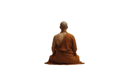 Bald Young Adult Buddhist Monk Seated Meditation Back View isolated on transparent background