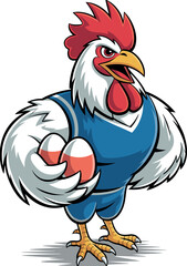 Cartoon rooster, blue shirt and shorts, red comb, white feathers, yellow beak, holding eggs, confident pose, farm character