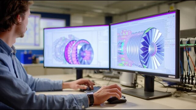 Engineer works on advanced computer-aided design project in modern office environment