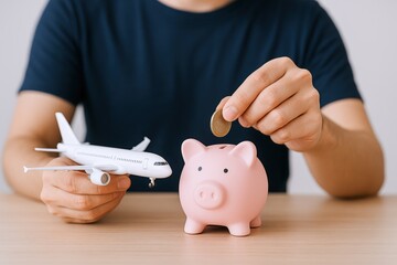 Saving for Travel: Man Inserting Coin into Piggy Bank with Airplane Model, Planning Vacation