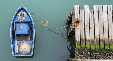 Blue Serenity: A Lone Fishing Boat Moors by a Weathered, Barnacled Pier