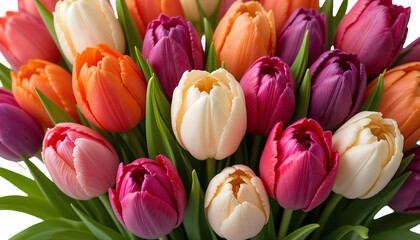 Obraz premium Vibrant Multicolor Tulip Bouquet with Orange, Pink, Purple, and White isolated on transparent background