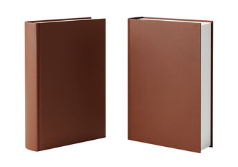 Two brown hardcover books, front and three quarter view, standing upright. Isolated on transparent background, png