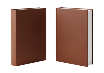 Two brown hardcover books, front and three quarter view, standing upright. Isolated on transparent background, png