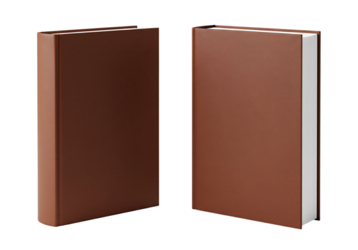 Two brown hardcover books, front and three quarter view, standing upright. Isolated on transparent background, png