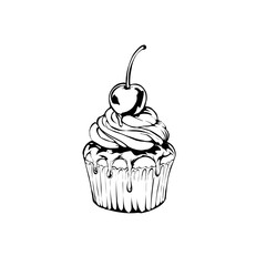 Black and white cupcake silhouette – dessert vector illustration with cherry topping