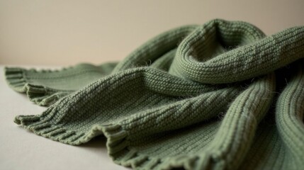 A luxuriously soft sage green knitted throw blanket, draped elegantly on a neutral surface, showcasing its intricate texture and subtle ribbing