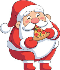 Cartoon Santa eating pizza slice, festive red outfit with gloves and boots, humorous Christmas food illustration, cheerful holiday character art