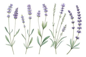 Naklejka premium Collection of delicate watercolor illustrations of lavender sprigs with green leaves on a white background