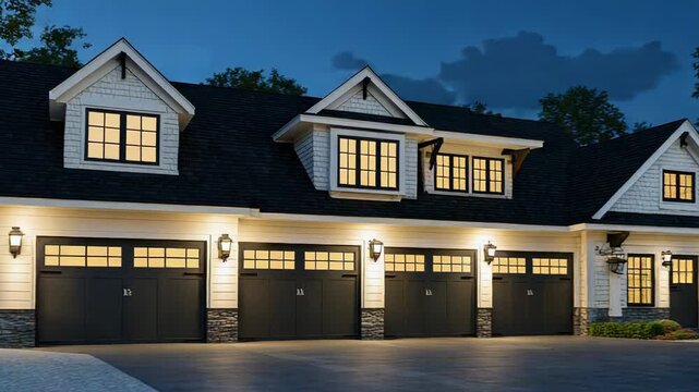 Modern suburban house with four car garage and dormer windows displaying residential architecture