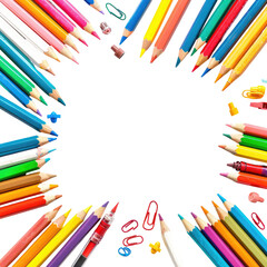 Colorful pencils frame, classroom supplies, back to school, education