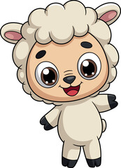 Cartoon sheep character with fluffy white wool, smiling face and pink ears, raised arm pose, cute farm animal illustration art
