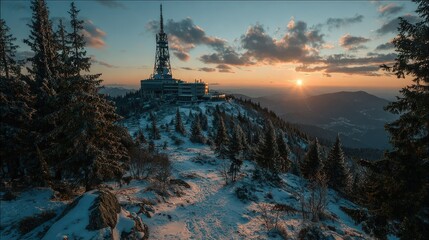 Snowy mountaintop at sunset, a radio tower stands guard against a vibrant sky