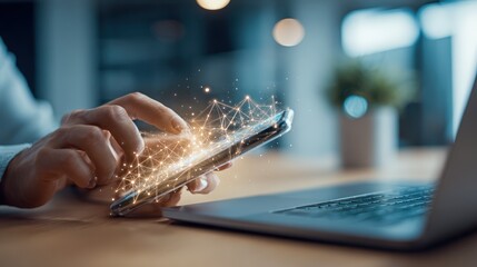 Woman using a Mobile Phone with Futuristic Interface and Laptop on a Wooden Desk