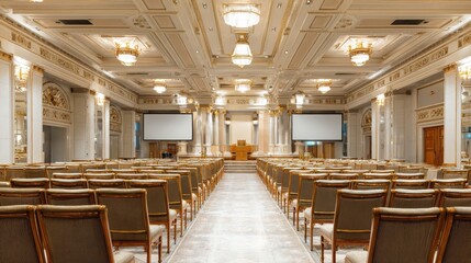 Elegant ballroom event space, ready for conference