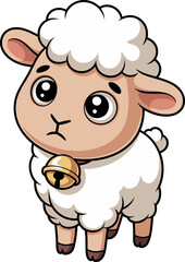 Cartoon sheep with bell and fluffy coat, expressive eyes and pink ears, standing farm animal illustration, sad cute character