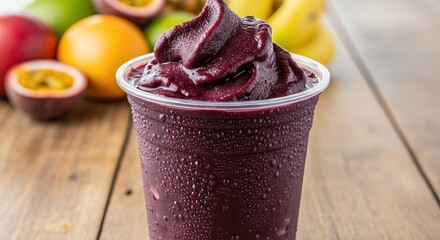 Refreshing acai sorbet in a plastic cup with a perfect swirl, surrounded by fresh passion fruit, bananas and other tropical fruits on a rustic wooden table.

