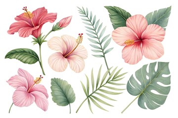 Vibrant watercolor collection of tropical hibiscus flowers and lush greenery on white background