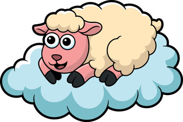 Cartoon sheep character, pink face and legs, large expressive eyes, cream-colored woolly body, lying on light blue fluffy cloud with rounded edges, relaxed and cozy appearance