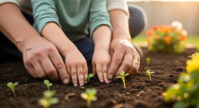Close-up of a parent's hands guiding a child's hands to plant small green seedlings in rich soil.