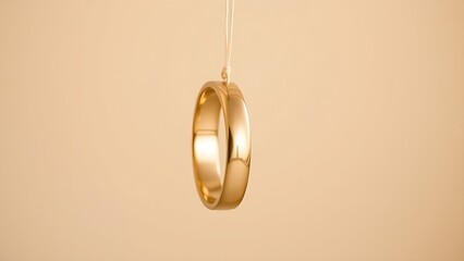 Three golden wedding bands hanging vertically with soft light highlighting their shine.