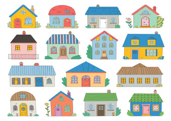 Seamless pattern featuring cartoon houses and buildings with windows, roofs, and trees