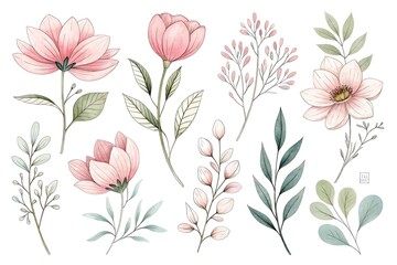 Delicate watercolor floral elements featuring soft pink peonies and greenery for elegant design