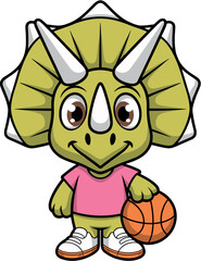 Cartoon triceratops dinosaur playing basketball, cute prehistoric character in pink shirt and sneakers, fun sports-themed animal illustration for kids